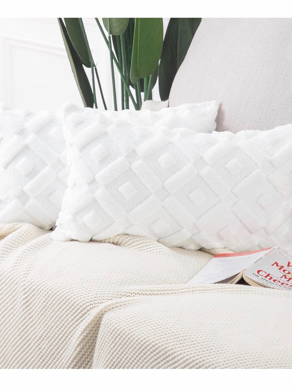 Set of 2 White Faux Fur Textured Pillow Covers - 12” x 20”